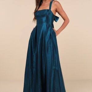 Lulus Immaculate Aura Shiny Dark Teal Taffeta Maxi Dress With Pockets Blue